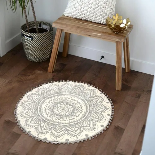 Vista 7 de Uphome Alfombra Redonda Pequeña de 2' Boho Beige y Gris Alfombra de Baño con Pompones y Flecos Lavable Mandala Círculo Tapete de Ducha Suave Mandala