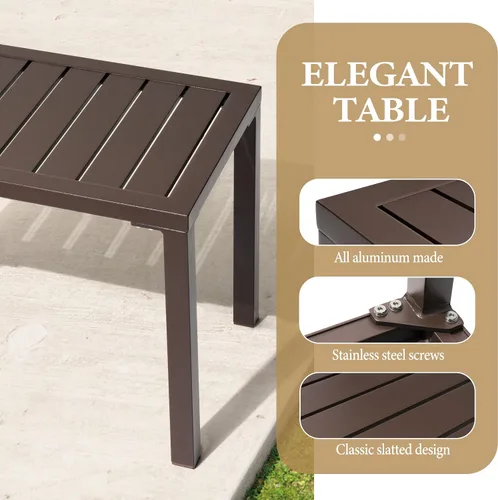 Vista 5 de Mesa auxiliar de aluminio al aire libre, mesa auxiliar pequeña para café, bistró, marrón Mesa auxiliar rectangular resistente a la intemperie