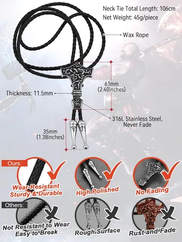 Vista 6 de FaithHeart Corbata de bolo nórdico vikingo para hombre, corbata de cuero negro con colgante de acero inoxidable, corbata de vaquero occidental, caja