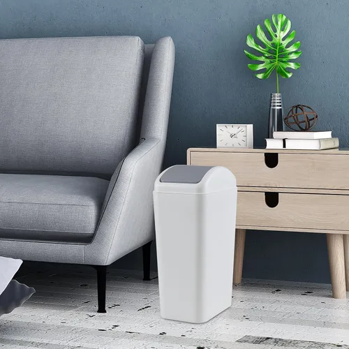 Vista 6 de Bote de basura de 3 galones con tapa, cubo de basura de plástico con tapa abatible (gris) Slim Swing-Top Waste Bin, Narrow Rectangular Body