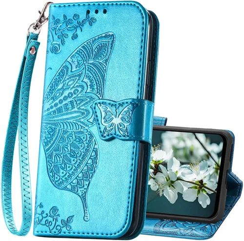 Vista 13 de Funda para teléfono Galaxy A14 5G, funda de piel sintética en relieve de mariposa con tarjeteros para tarjetas de crédito, correa de muñeca