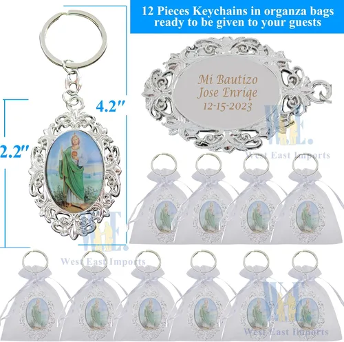 Vista 2 de WE Llavero conmemorativo personalizado, 12 unidades, llavero de recuerdo de San Jude, recuerdo de primera comunión, recuerdo de fiesta de bautizo