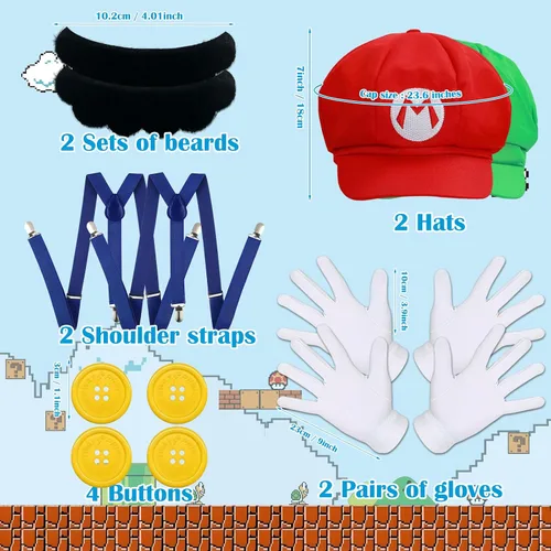 Vista 7 de oUUoNNo Juego de 2 disfraces de Halloween de Super Bros para parejas, tirantes de cosplay, sombrero, botones, guantes para bigote para niños
