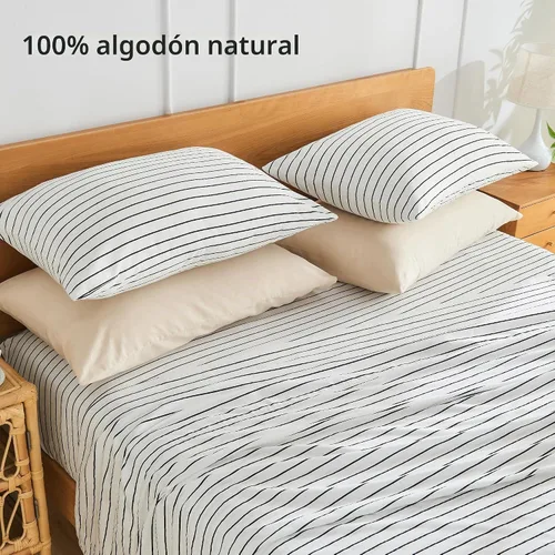 Vista 3 de JELLYMONI - Juego de 2 fundas de almohada de algodón natural 100 % a rayas, tamaño estándar, color blanco con finas rayas negras impresas, con 0608