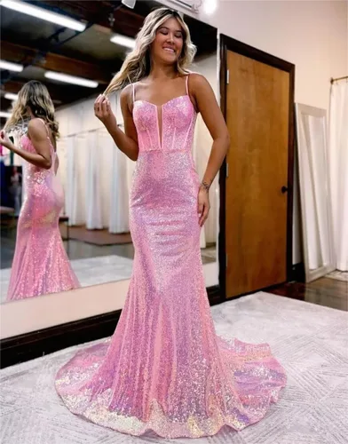 Vista 3 de TIRAS Vestidos de fiesta de lentejuelas para mujer, vestido formal largo con purpurina de sirena, vestido formal con espalda abierta, vestidos