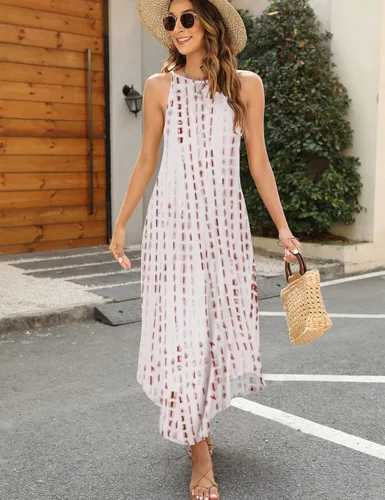 Vista 2 de Halife Women's Summer Casual Sleeveless Beach Dress Long Halter Side Slit Maxi Sun Dresses