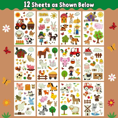 Vista 2 de Partywind 165 estilos brillantes de animales de granja suministros para fiesta de cumpleaños, tatuajes temporales para niños, decoraciones luminosas