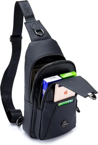 Vista 4 de BULLCAPTAIN Bolso bandolera de cuero para hombre con múltiples bolsillos cruzado en el pecho, mochila de hombro casual de viaje