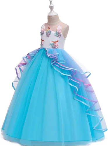 Vista 3 de Disfraz de unicornio para niñas, vestido largo de tul con diadema, fiesta de cumpleaños, carnaval, cosplay