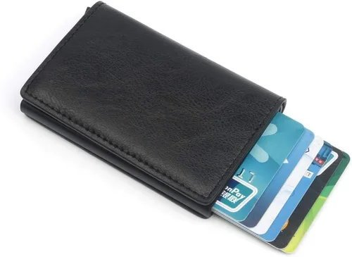 Vista 3 de CHJGLNL Cartera de cuero genuino para hombre bloqueo RFID de aluminio automático para tarjetas de crédito A-Negro Slim