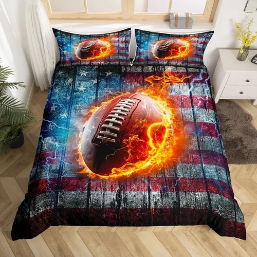 Vista 5 de Juego de funda de edredón para niños de fútbol americano, tamaño individual, juego de ropa de cama de fútbol de rugby de llama, decoración