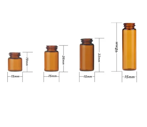 Vista 6 de Juego de 12 botellas de vidrio con tapa de rosca marrón, mini vial de aceite vacío (0.1 fl oz)