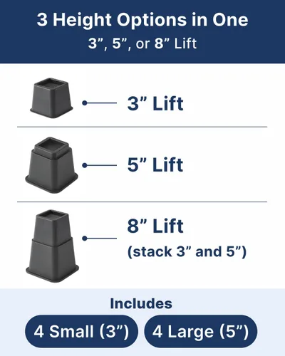 Vista 6 de Elevadores de cama – Esenciales para dormitorio – Elevadores de muebles ajustables de 3 y 5 pulgadas u 8 pulgadas combinados – Resistente