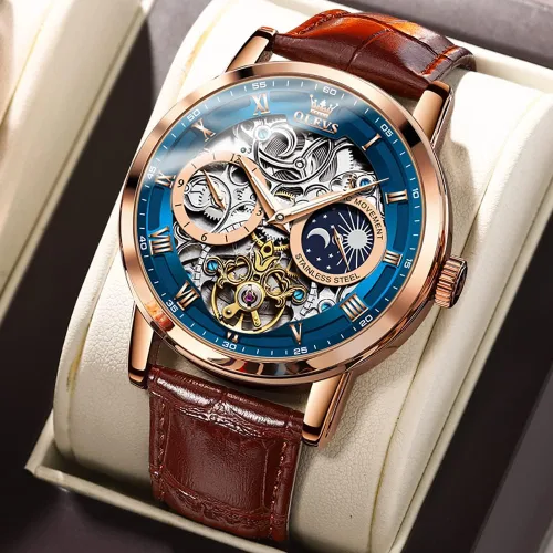 Vista 6 de OLEVS Relojes automáticos para hombre, esqueleto Tourbillon, cuerda automática, mecánica, correa de cuero auténtico, reloj de pulsera de lujo, sol