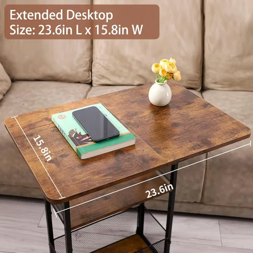 Vista 6 de Mesa auxiliar en forma de C con cesta de almacenamiento, mesa de sofá pequeña con ruedas para sofá reclinable, mesas auxiliares color marrón rústico