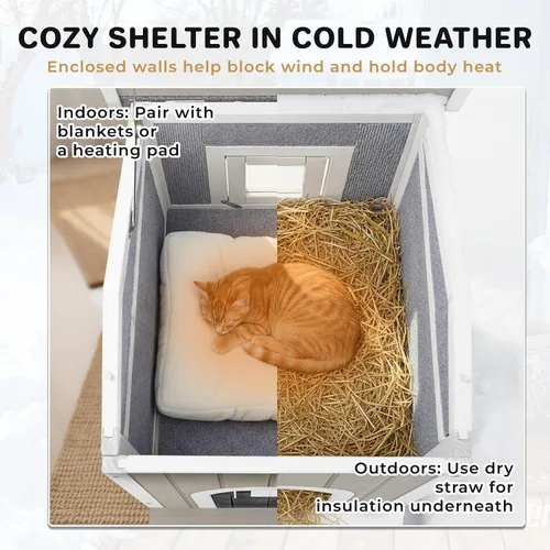 Vista 3 de Casa aislada para gatos al aire libre para invierno, refugio de madera resistente a la intemperie para gatos al aire libre y salvajes con puerta