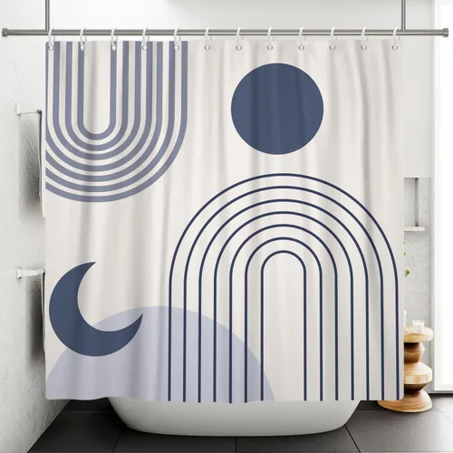 Vista 5 de Cortina de ducha moderna y bohemia, cortinas de ducha minimalistas estéticas azules de mediados de siglo para baño, cortinas de baño impermeables