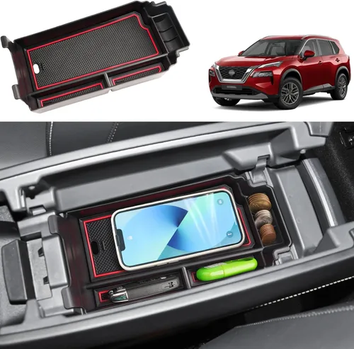 Vista 12 de Organizador de reposabrazos 2021-2024 2025 para Nissan Rogue (S/SV/SL/Platinum/Rock Creek), organizador de consola central de plástico ABS y goma