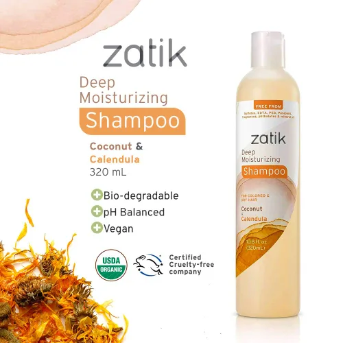 Vista 2 de Zatik Naturals - Champú hidratante profundo con coco y caléndula - Vegano, biodegradable, pH equilibrado, para cabello teñido y seco, libre