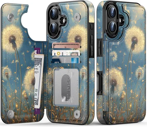 Vista 123 de FUNMIKO Funda tipo cartera para iPhone 15 con tarjetero + clip para efectivo, bloqueo RFID, protección contra caídas de grado militar y obras