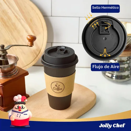 Vista 5 de JOLLY CHEF - Tazas de café negras de 16 onzas con tapas, mangas y Negro-16oz