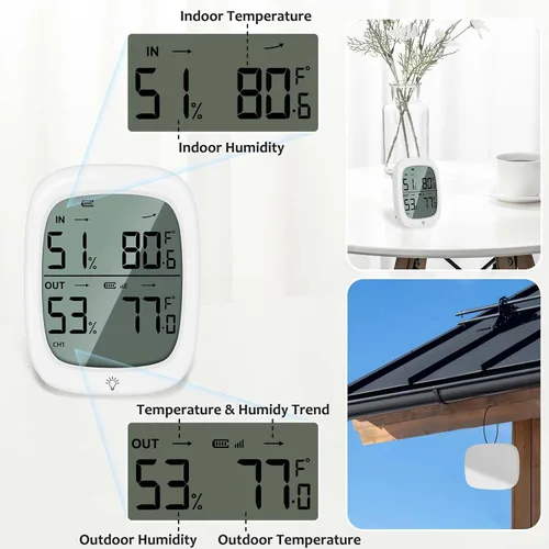 Vista 8 de RUIKORING Termómetro inalámbrico para interiores y exteriores, termómetro digital exterior de humedad con sensor impermeable IP66, retroiluminación