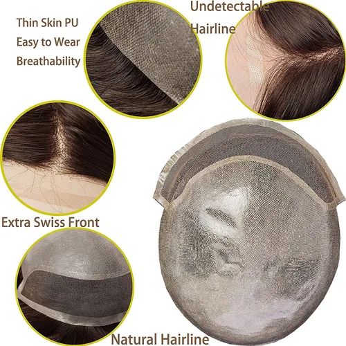 Vista 2 de Peluca de cabello humano europeo de repuesto para hombre, encaje suizo frontal, 0.003 in, piel fina, poliuretano, con bucle, 10 x 8 pulgadas