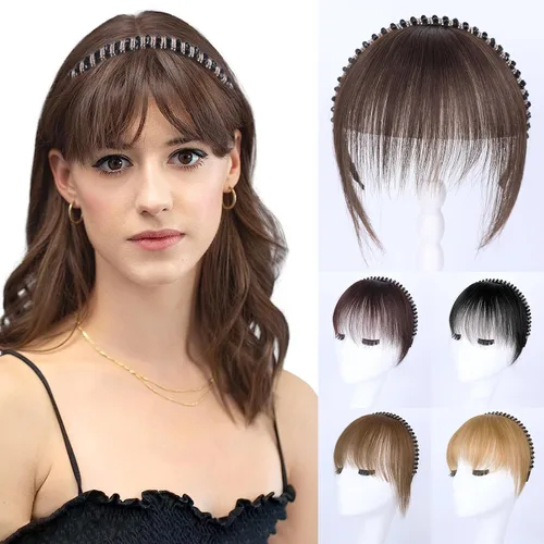 Vista 17 de G&T - Flequillo con clip para el cabello humano, flequillo delgado con fleco de diamantes de imitación, extensiones de cabello para mujer, flequillo