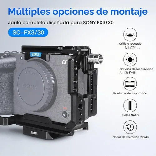 Vista 2 de SIRUI Jaula completa para cámara Sony FX3/FX30, compatible con mango XLR original, con abrazadera de cable HDMI, orificios roscados de 1/4"-20