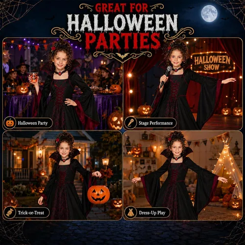 Vista 6 de Girls Vampire Costume for 3-6 6-9 9-12 Scary Draculaura Halloween Costumes