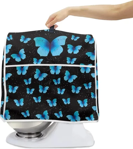 Vista 2 de Veniyate Cubierta de mezclador de ayuda de cocina con estampado de mariposas azules, a prueba de polvo, con bolsillos de almacenamiento de Mariposa
