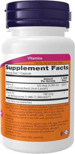 Vista 2 de Suplementos NOW Foods, Mega D-3 y MK-7 con vitaminas D-3 y K-2, 5.000 UI/180 mcg, soporte óseo y cardiovascular*, 60 cápsulas vegetales