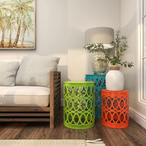 Vista 9 de Deco 79 Mesa auxiliar de metal para interiores y exteriores, con diseño de enrejado tallado, juego de 3 mesas auxiliares de 22 pulgadas, 18