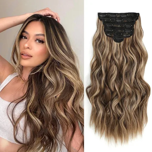 Vista 13 de Fliace Extensiones de cabello con clip para mujer, extensiones de cabello ondulado largo de color marrón medio, extensiones de cabello sintético