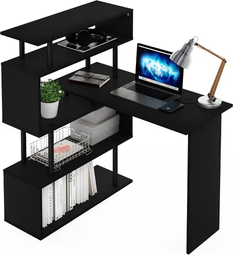 Vista 4 de Furinno Escritorio clásico, escritorio para juegos en forma de L de 40 pulgadas de ancho, escritorio para computadora, escritorio con estantes