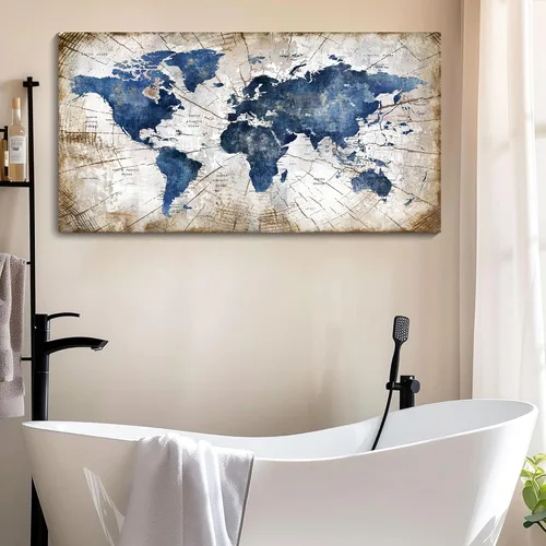 Vista 2 de Lienzo de mapa del mundo para pared, arte abstracto de mapas del mundo azul marino para pared, arte de pared moderno vintage para oficina, cuadros