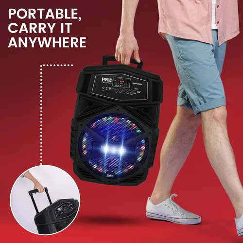 Vista 6 de Pyle Sistema de altavoces Bluetooth portátil de 12 pulgadas, altavoz de karaoke de 1000 W con luces LED, USB/Micro SD/FM/BT/Aux/control