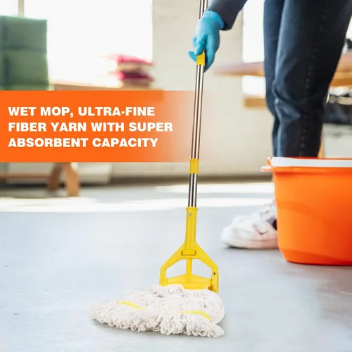 Vista 4 de Trapeador húmedo industrial resistente con mango largo de 48 pulgadas, mopas comerciales húmedas de algodón para limpieza de pisos, hogar, cocina