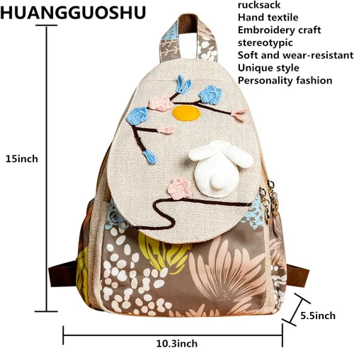 Vista 64 de HUANGGUOSHU Mochila de algodón tejida de algodón bohemio con bordado de lona estilo bohemio con múltiples bolsillos retro linda mochila cartera