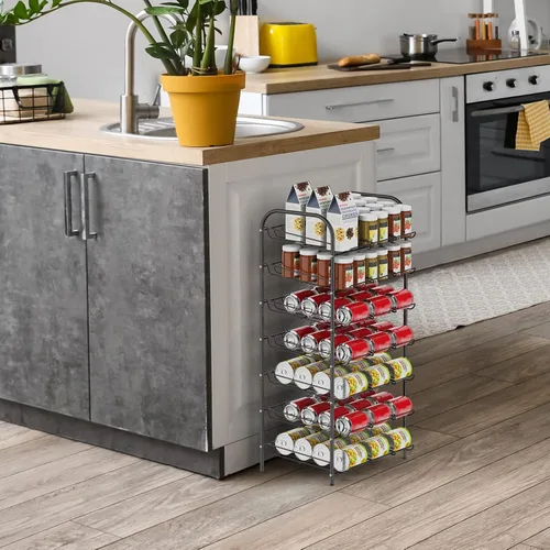 Vista 5 de DOMYDEVM Organizador de latas, organizador de almacenamiento de latas de 7 niveles, soporte negro para bebidas con capacidad para 84 latas
