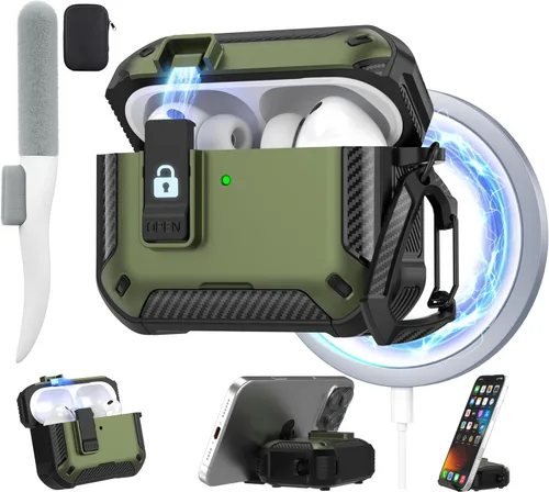 Vista 42 de Maxjoy Funda para AirPods Pro 3 2025, MagSafe compatible con bloqueo automático, funda protectora a prueba de golpes con soporte para teléfono Verde