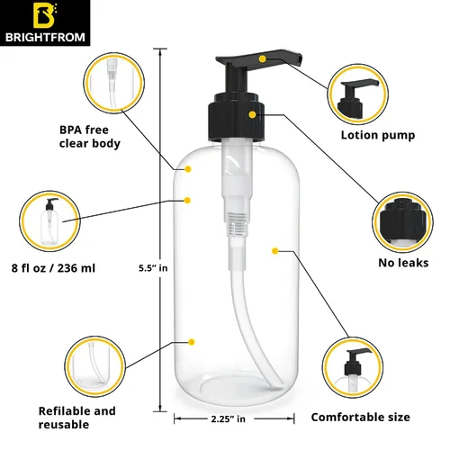 Vista 2 de Botellas vacías con bomba de loción de 8 onzas, recipientes de plástico recargables, sin BPA, PETE1, transparente, ideal para jabón, champú