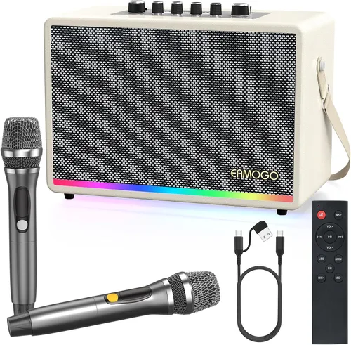Vista 10 de Altavoz Bluetooth portátil con 2 micrófonos inalámbricos, gabinete de madera de abedul de graves profundos de 70 W, sistema PA Bluetooth para Negro