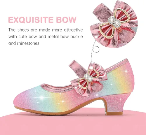 Vista 4 de Dufannie Zapatos de vestir para niñas, zapatos de tacón bajo de princesa, zapatos planos con purpurina para bodas y fiestas