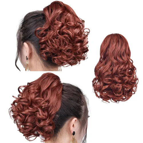 Vista 2 de SYXLCYGG Auburn Clip Cola de caballo Clip Cola de caballo Extensión de cola de caballo ondulado 10 pulgadas 3.5 oz pelo sintético falso pieza