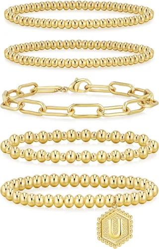 Vista 30 de adoyi - Pulseras de oro para mujer, impermeables, con cuentas de bolas chapadas en oro de 14K, pulseras ajustables apilables para regalos