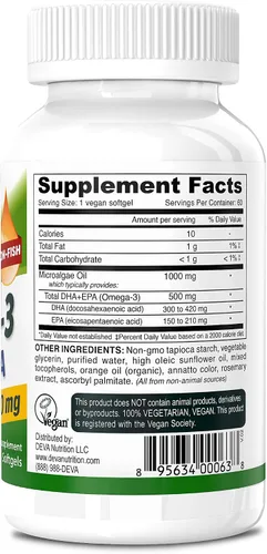 Vista 2 de DEVA Vegano Omega-3 DHA-EPA 500 MG, 60 cápsulas blandas sin gelatina