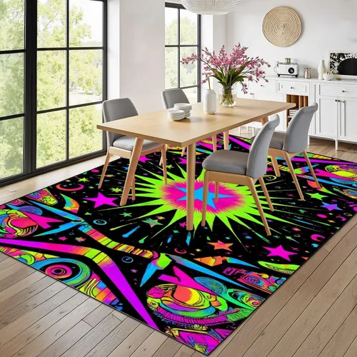 Vista 4 de Alfombra lavable de 8 x 10 pies para sala de estar, grande, suave, luz negra, sol, neón, reactiva a los rayos UV, luna celestial, estrella, planeta