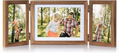 Vista 22 de Marco de fotos doble de 4 x 6 pulgadas con bisagras horizontales, marco de fotos plegable en madera de pino negro con vidrio real para mesa
