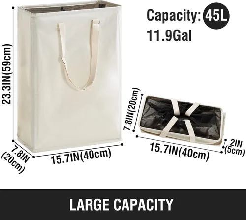 Vista 5 de TECHMILLY Cesta de lavandería delgada con asas largas ajustables, cestas pequeñas de lavandería de 45L con parte superior de malla, cesta de ropa
